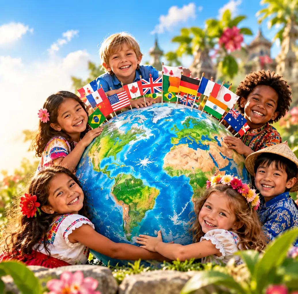 Smiling children from around the world hugging a big globe decorated with flags
